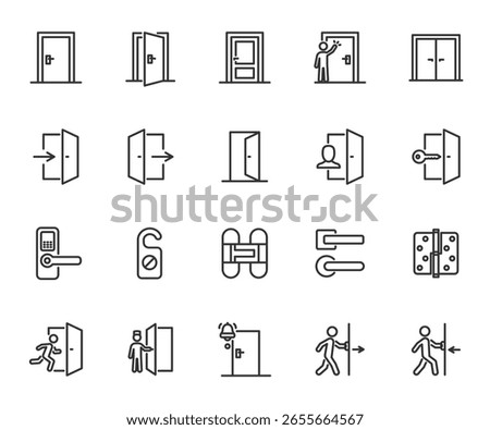 Vector set of door line icons. Contains icons entrance, exit, open door, doorbell, knock, door handle, door hinge, emergency exit and more. Pixel perfect.