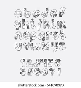 Vector set dotted alphabet from A to Z and numbers sequence fron 1 to 9. Hand drawn educative collection hand written with ink line and dots in black and white. Lowercase set good for titles, quotes.