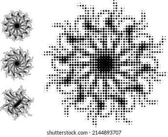 Vector set of dotted halftone mandala and its distortions. Solo use.