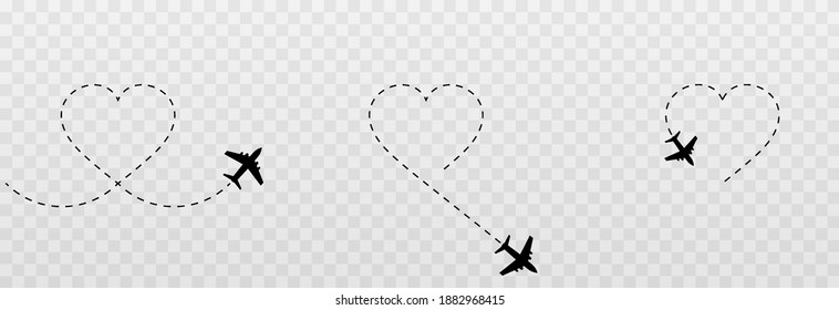 Vector set of dotted hearts. Honeymoon trip, dotted plane tracks. Dotted lines png, heart png, travel by plane. The love route. Vector.