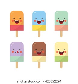 Vector set of double color popsicles. Cute cartoon popsicles with different expression isolated on white background.