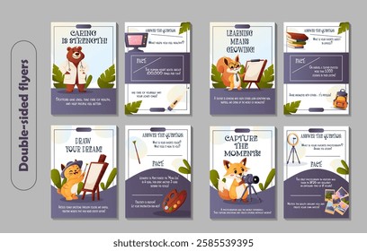 A vector set of double-sided flyers featuring anthropomorphic animals in different professions: doctor, teacher, artist, and photographer. Ideal for education, career motivation, and creativity.  
