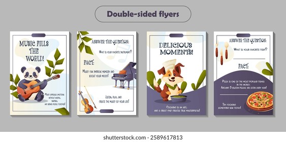 A vector set of double-sided flyers featuring anthropomorphic characters: a panda musician playing the guitar and a dog chef cooking a dish. Ideal for music, culinary arts, and creativity.  
