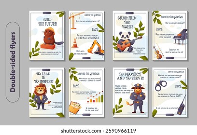 A vector set of double-sided flyers featuring anthropomorphic animals in different professions: builder, musician, leader, police officer. Ideal for career motivation, education, and inspiration.  
