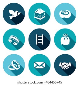Vector Set of Dovecote Icons. Pigeon feeders, nest ring, shackles, stairs, sack, wedding, postal, friendship.
