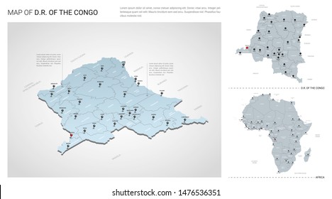 Vector set of DR of the Congo country.  Isometric 3d map, DR of the Congo map, Africa map - with region, state names and city names.