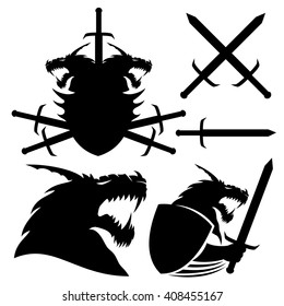 Vector set. Dragon, shield and swords