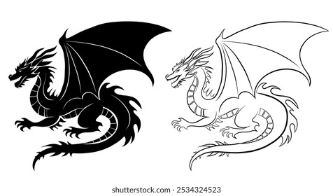 Vector set of dragon silhouette clip art. Collection of black silhouette and outline dragon with wings isolated from background. Mythological fairytale monster for tattoo. Chinese zodiac.