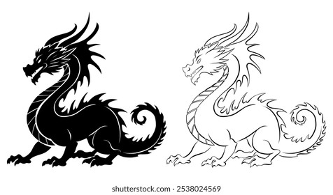 Vector conjunto de Clip de silueta de dragón arte. zodiaco chino. Colección de silueta negra y dragón de contorno aislado de fondo. Monstruo de cuento de hadas mitológico para tatuaje y pegatina. 