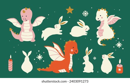 Vector set with the dragon and white hares symbol of the year. Simple flat illustration