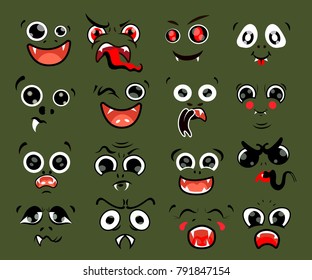 Vector set of dragone smiles; different emotions for round monster character, cartoon faces stickers and simple characters; angry,  
surprised, open-eyed, laugh, cry, embarrassed,  frightened.
