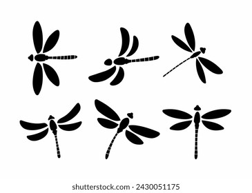 Vector set of dragonfly silhouettes, signs and symbols