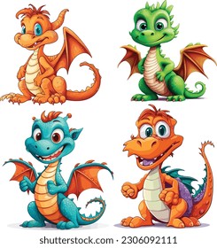 Vector set of dragons cartoon on white background