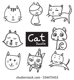 Vector set of drawing cute cat in doodle black line on white background