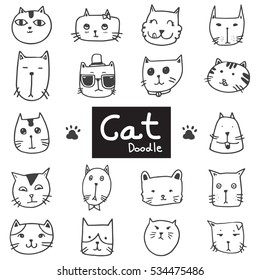 Vector Set Of Drawing Cute Cat Heads In Doodle Black Line On White Background