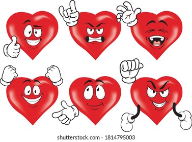 A vector set of drawing hearts in different situations. Drawing mascots.