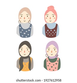 Vector set drawing of muslim woman with hijab