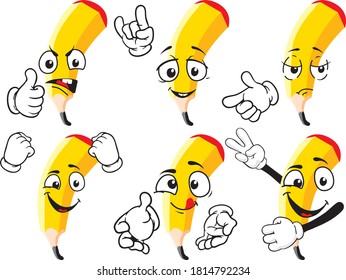A vector set of drawing pencils in different situations. Drawing mascots.