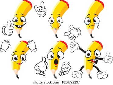 A vector set of drawing pencils in different situations. Drawing mascots.