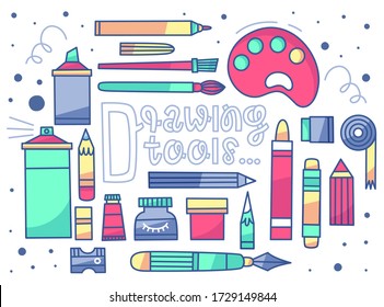 A vector set of drawing tools. 20 items + lettering. Flat style