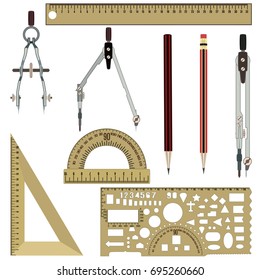 Vector set of drawing tools compasses, protractor, pencils, rulers isolated on white background. Flat style design.