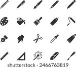 Vector set of drawing tools flat icons. Contains icons pencil, pen, brush, bucket paint, palette knife, roller, palette, marker and more. Pixel perfect.