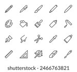 Vector set of drawing tools line icons. Contains icons pencil, pen, brush, bucket paint, palette knife, roller, palette, marker and more. Pixel perfect.