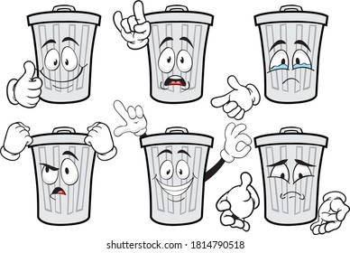 A vector set of drawing trash cans in different situations. Drawing mascots.