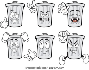 A vector set of drawing trash cans in different situations. Drawing mascots.