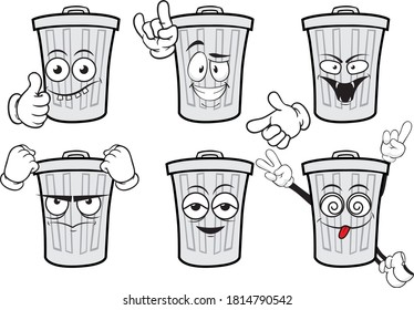 A vector set of drawing trash cans in different situations. Drawing mascots.