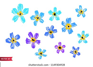 Vector set of drawing wild flowers, colorful artistic botanical illustration, isolated floral elements, hand drawn illustration.