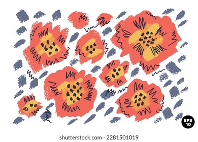 Vector set of drawing wild flowers, artistic botanical illustration, isolated floral elements, hand drawn illustration.