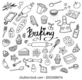 Vector set drawings of baking ingredients and stuff for design menus, recipes. Black and white illustration isolated on background
