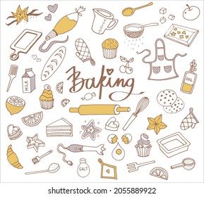 Vector set drawings of baking ingredients and stuff for design menus, recipes. Illustration isolated on background