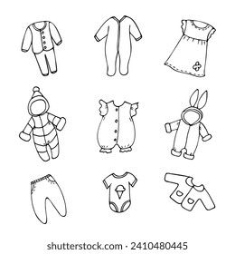 Vector set of drawings in cartoon style on a white background. Pictures of clothes for babies.