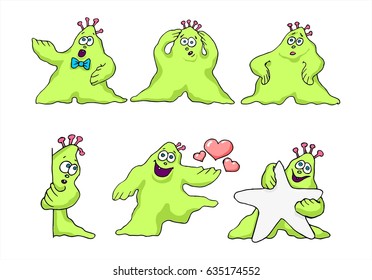 Vector set of drawings of different characters isolated  green funny monsters