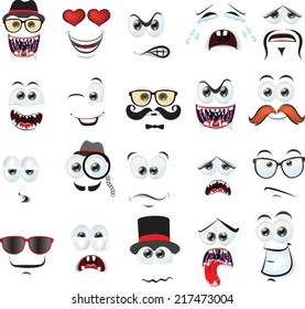 Vector set of drawings of different isolated faces of  people and monsters and other Halloween characters with different emotions for your design, prints and banners