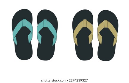 Vector set of drawings of flip flops. Pattern of a pair of sandals in yellow, turquoise colors on a black sole. Sketch of summer open slippers for summer holidays, vector.