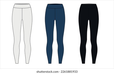 Vector set of drawings of leggings in white, blue, black colors. Sketch of women's sweatpants on a white background, vector. Leggings template for sports - fitness, running, Pilates, yoga, etc.