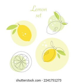 Conjunto vectorial de dibujos con limones y hojas.