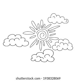 Vector set of drawings on an isolated white background. The illustration of the sun and clouds can be used to print children's posters, postcards, stickers of decorative elements.
