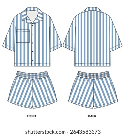 Conjunto vetorial de desenhos de camisa e calções de pijama, em listras azuis. Esboço de shorts de verão com banda elástica e camisa de manga curta, vista frontal e traseira. Modelo em branco de calções de terno e camisa.