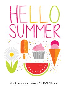 Vector set  drawings - popsicle, cupcake, ice cream, watermelon, daisy. Screenprint style. Ideal for parties, poster and invitations
