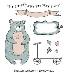 vector set of drawings of sleeping bear with decorative elements banners, scooter and garland in pastel colors