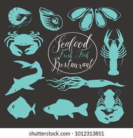 Vector set of drawings of underwater inhabitants on the theme of seafood, with handwritten inscriptions on black background in retro style