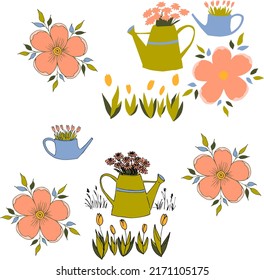Vector set of drawings of a watering can, flowers, plants. Pattern for printing on fabric.
