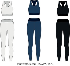 Vector set of drawings of women's sportswear fitting the body. Outline vector template of long leggings and sports bra, white, blue, black colors. Leggings and bras for sports - jogging, fitness, yoga