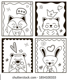 Vector set of drawn animals in Doodle style. Set of postcards with a Fox, Cat, Bear, and Rabbit. Decorative elements-arrows, hearts, crown, and other elements. Valentine's day.