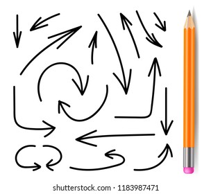 Vector Set of Drawn Arrows with Pencil, Isolated on White Background 
