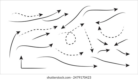 Vector set of drawn arrows. Sketch doodle style. Arrows are curved and straight, with a solid line and dashed lines. Collection of pointers. Isolated on white background.